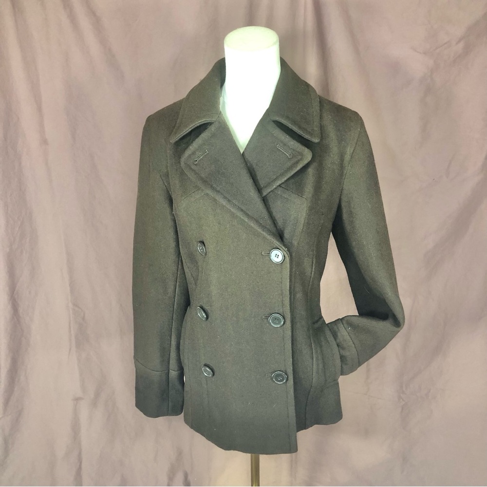 Wool Blend Double-Breasted Peacoat in Dark Brown Size Medium